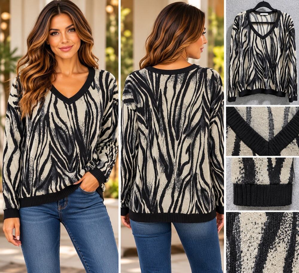 Olivia Moon Zebra Print V-Neck Knit Pullover Sweater Long Sleeve Womens L